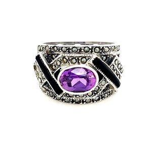 Amethyst & Marcasites Thick Ring - Sterling Silver 925
